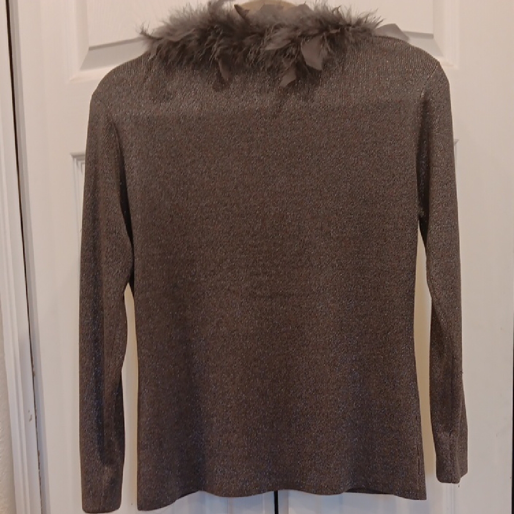 Vtg Joseph A Silk Metallic Gray Cardigan with Genuine Feather Detail Size XL - Picture 4 of 5